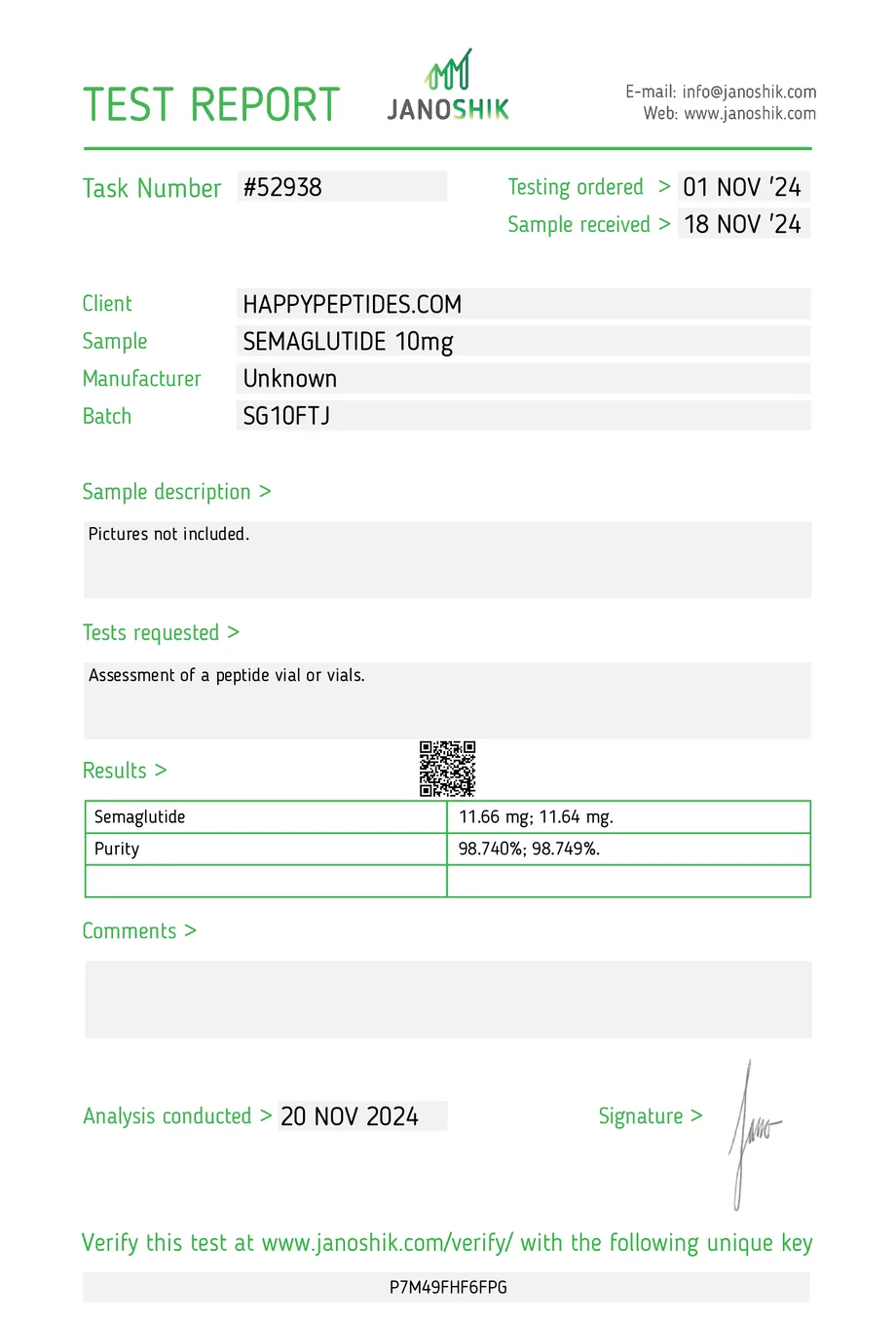 Janoshik certificate preview for Semaglutide