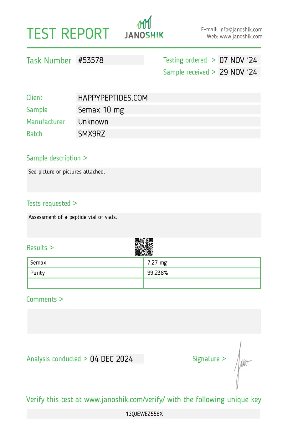Janoshik certificate preview for Semax