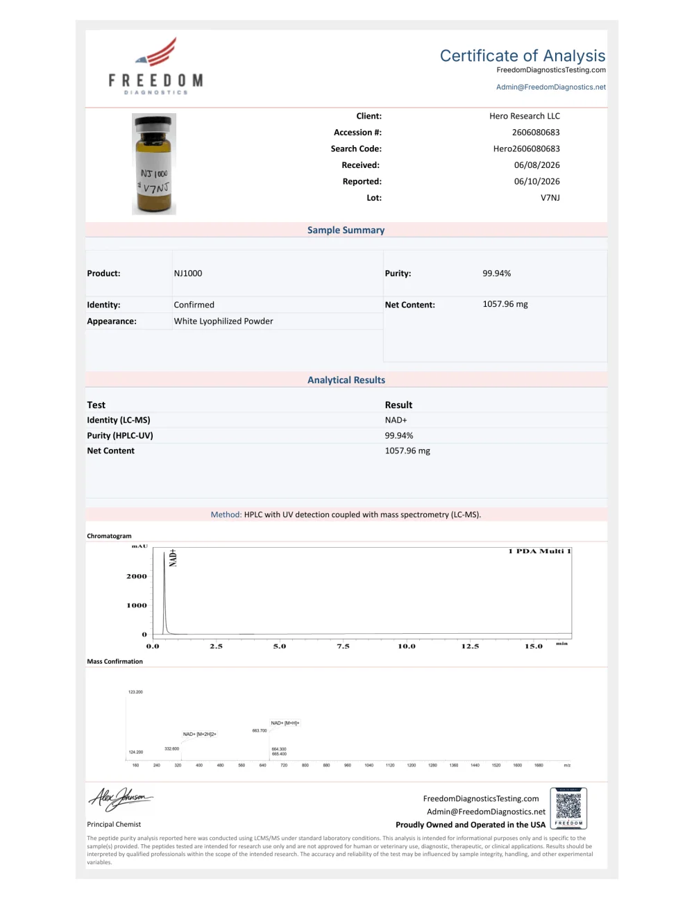 Freedom Diagnostics certificate preview for NAD+