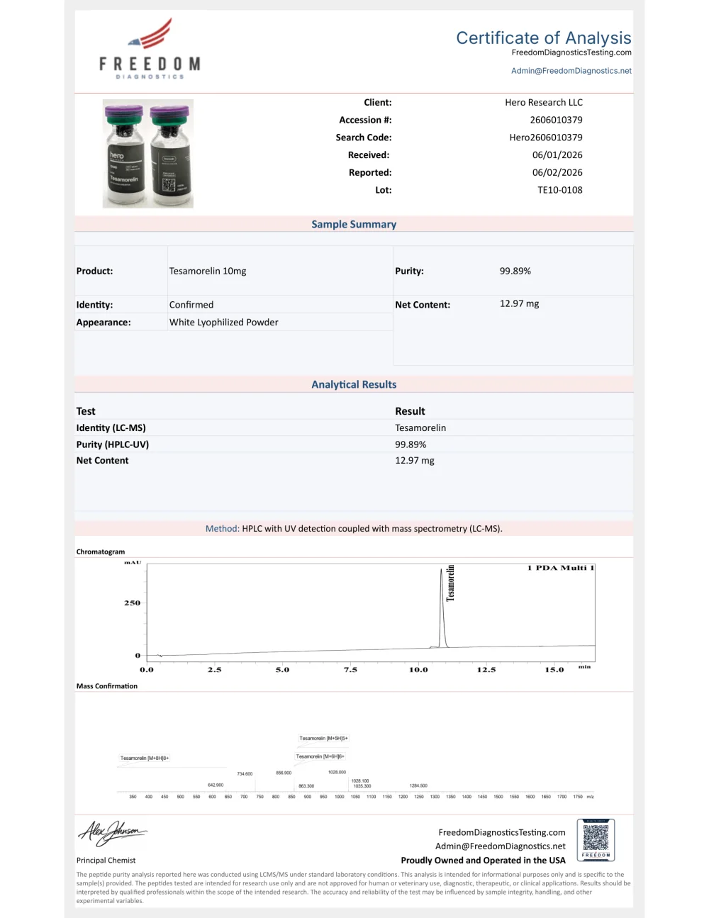 Freedom Diagnostics certificate preview for Tesamorelin