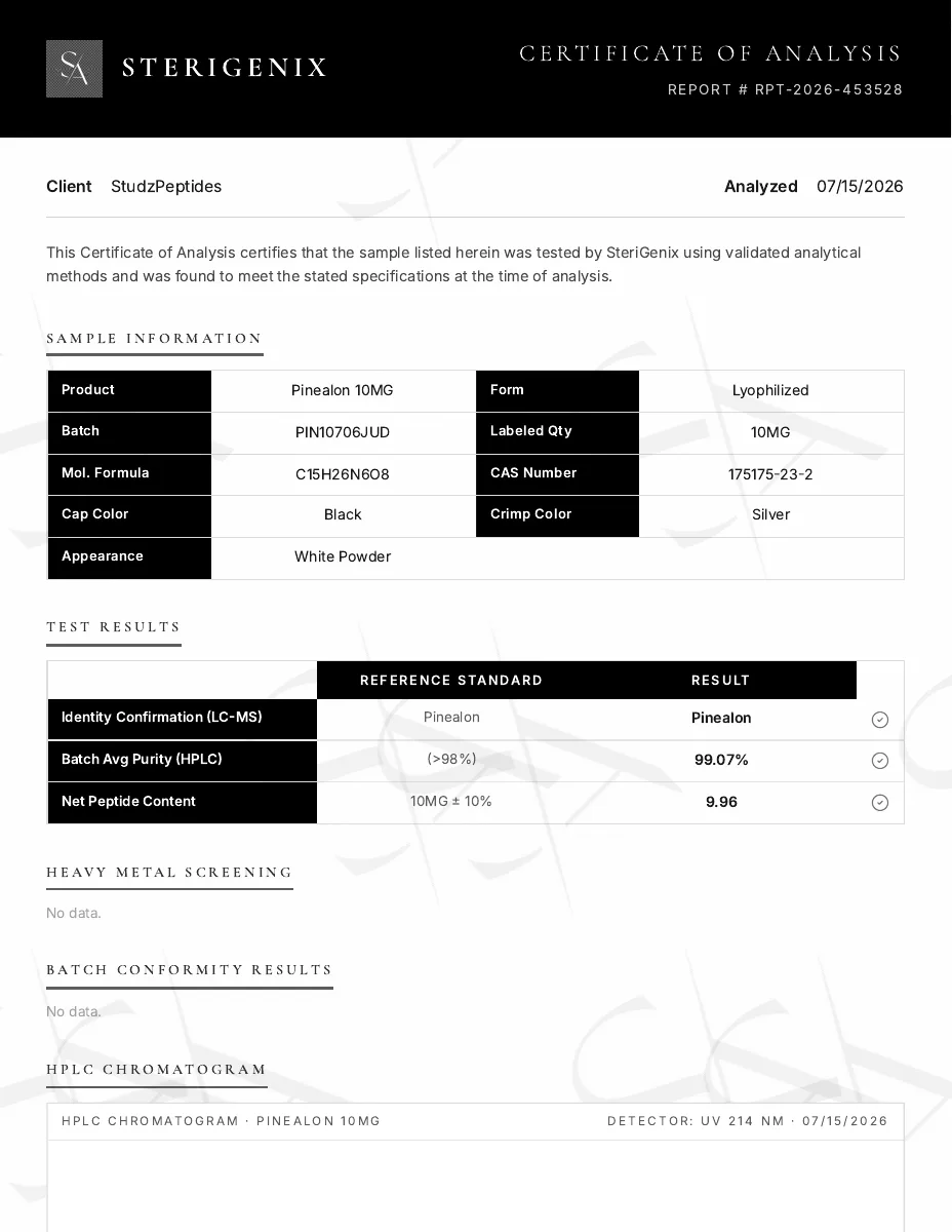 SteriGenix certificate preview for Pinealon