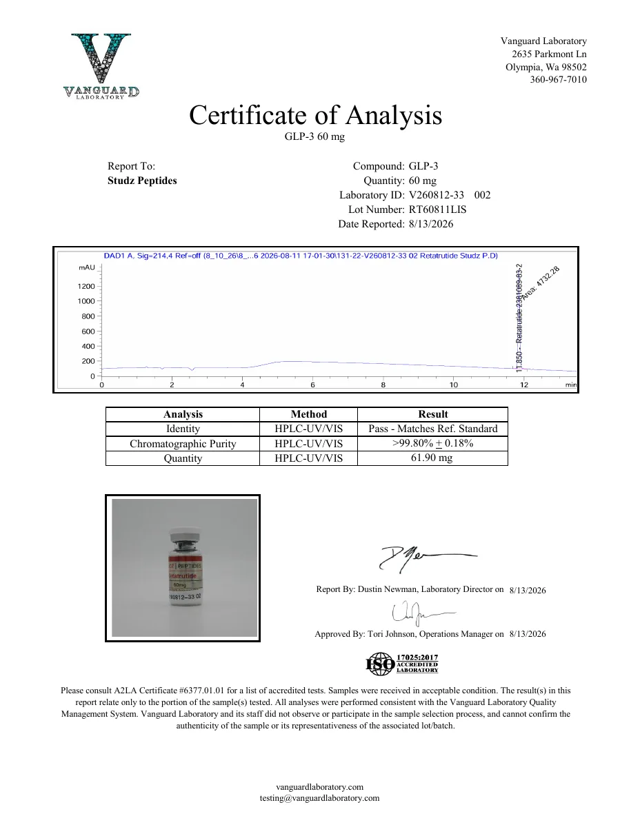 Vanguard Laboratory certificate preview for Retatrutide