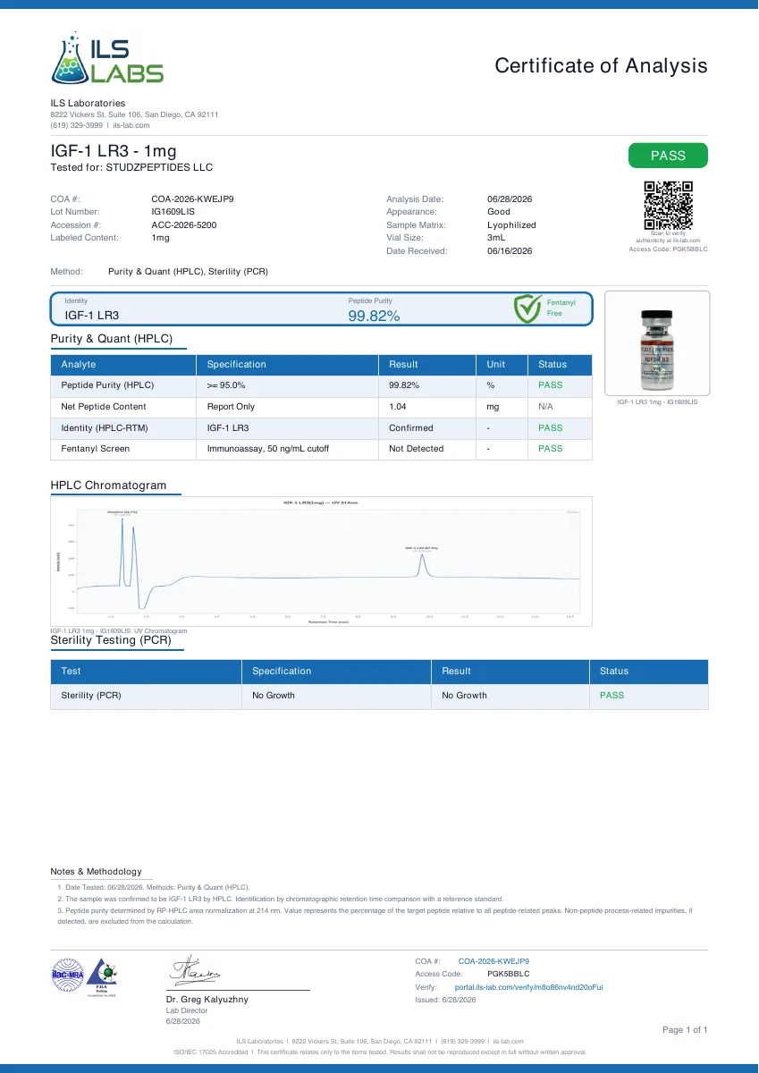 ILS Labs certificate preview for IGF-1 LR3