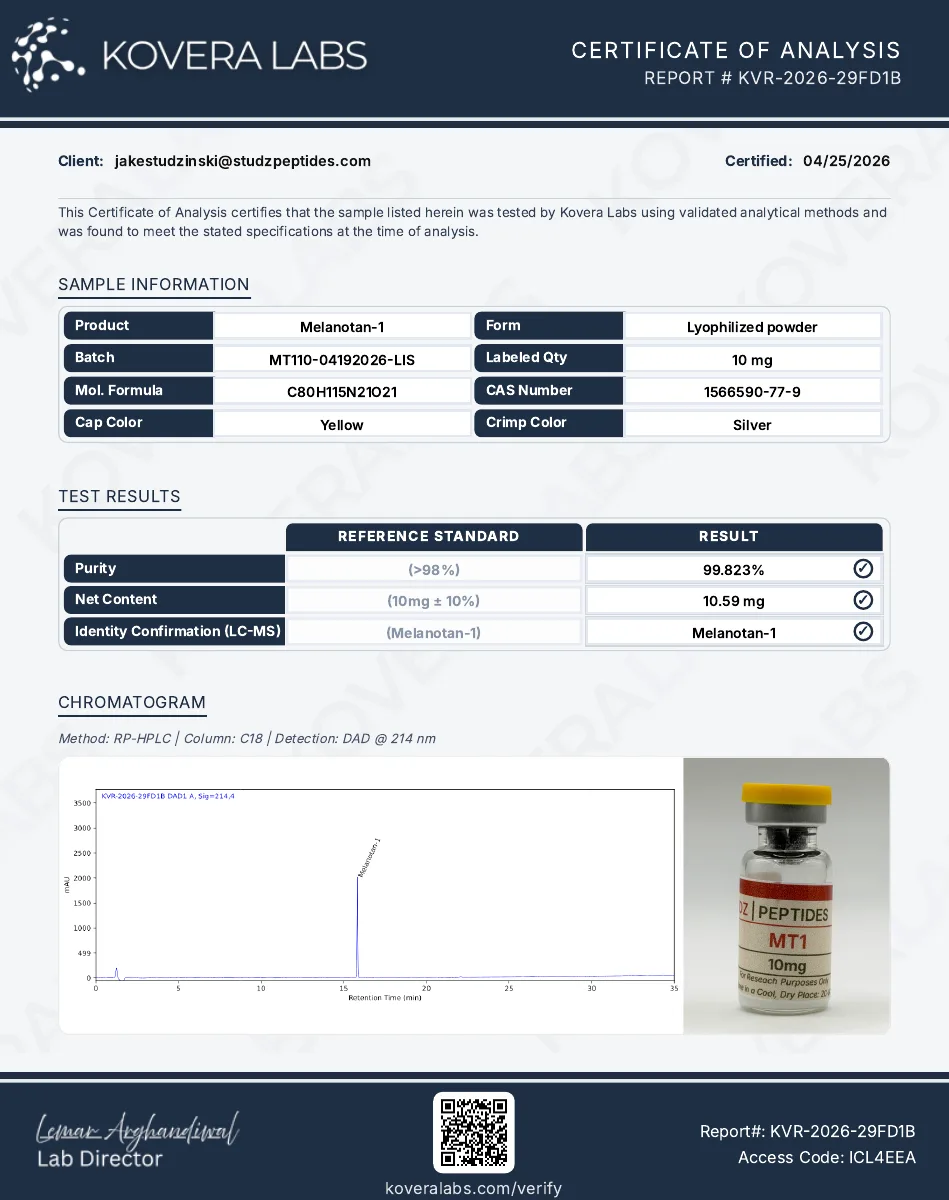 Kovera Labs certificate preview for Melanotan-1 (MT-1)
