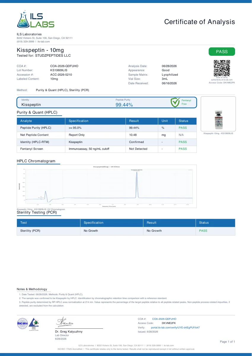 ILS Labs certificate preview for Kisspeptin-10