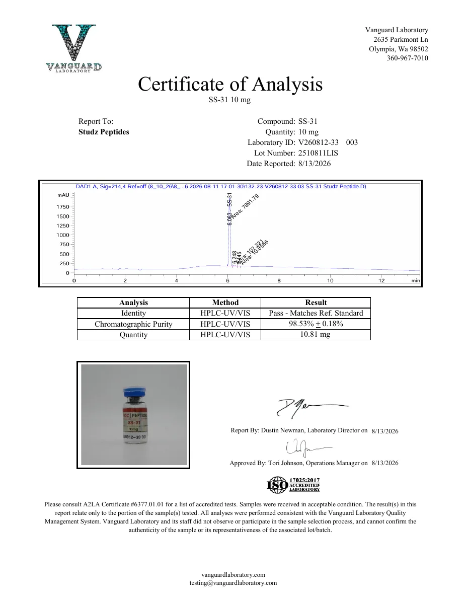 Vanguard Laboratory certificate preview for SS-31 (Elamipretide)