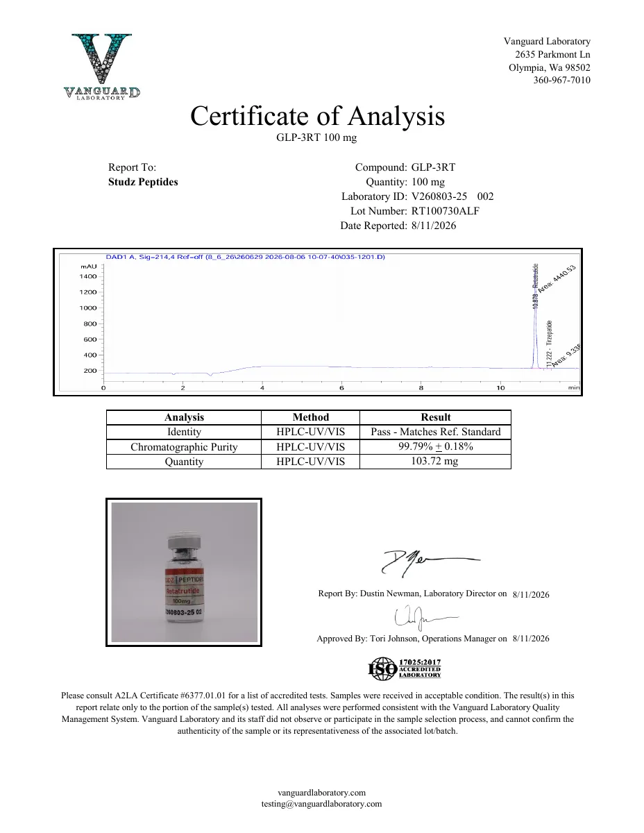 Vanguard Laboratory certificate preview for Retatrutide