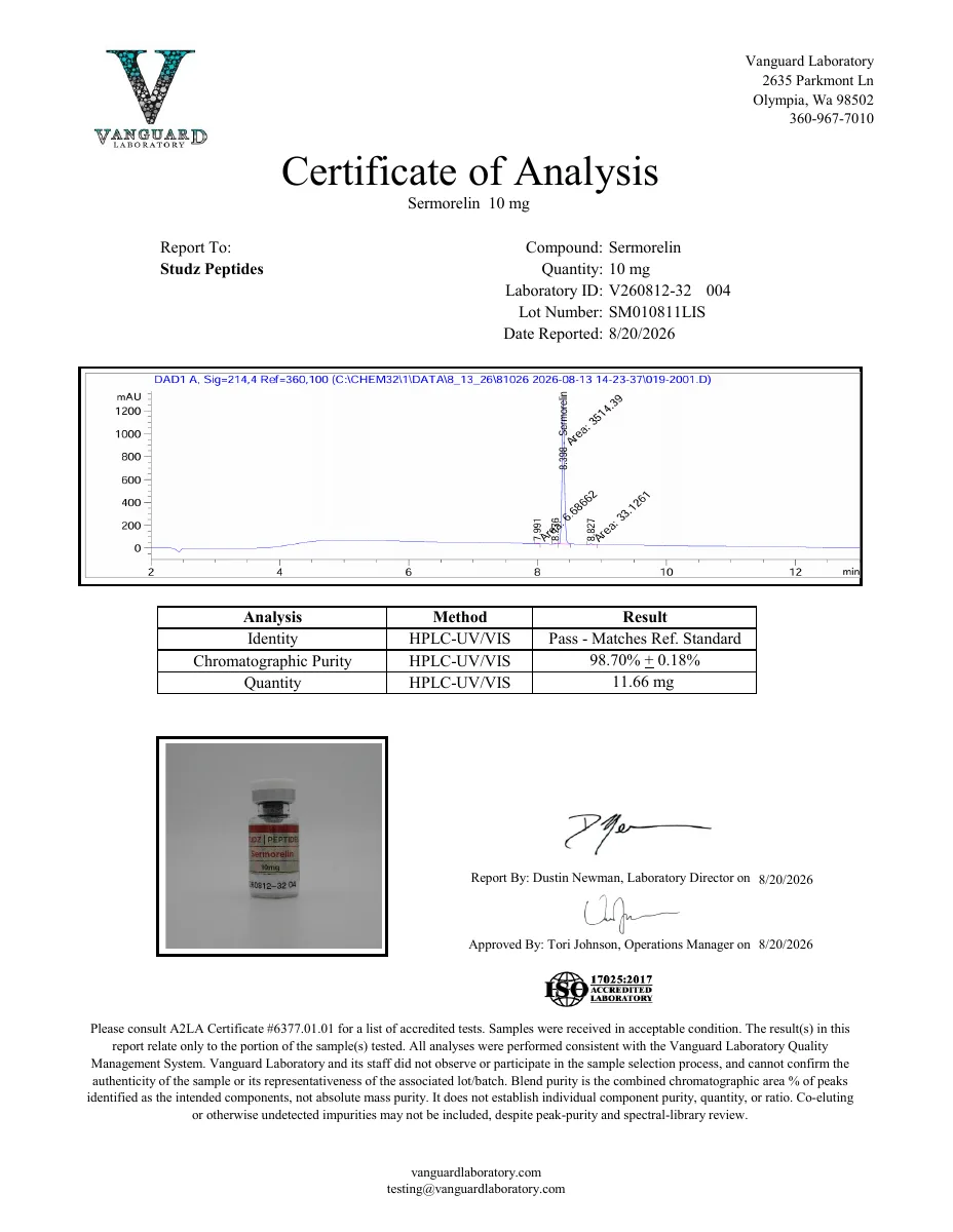 Vanguard Laboratory certificate preview for Sermorelin