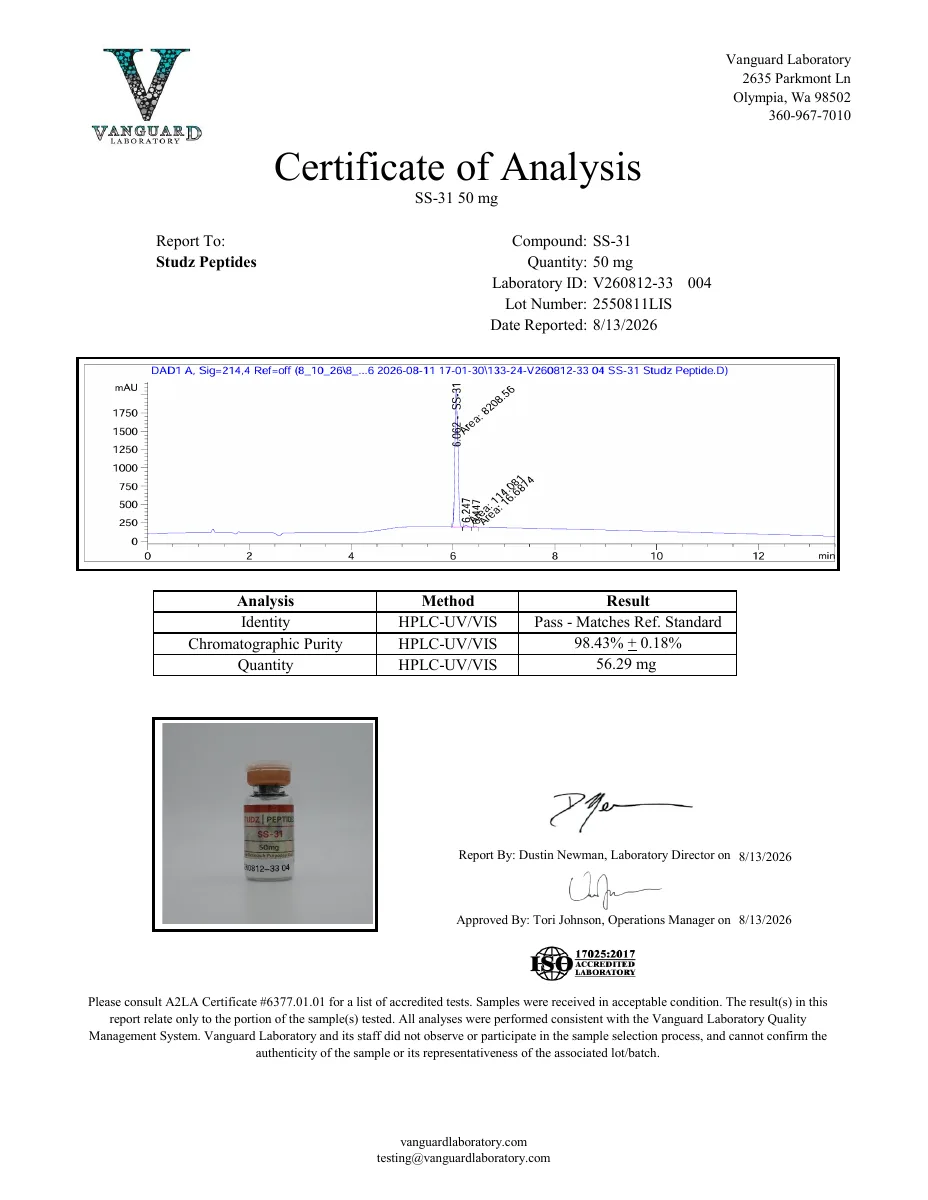 Vanguard Laboratory certificate preview for SS-31 (Elamipretide)