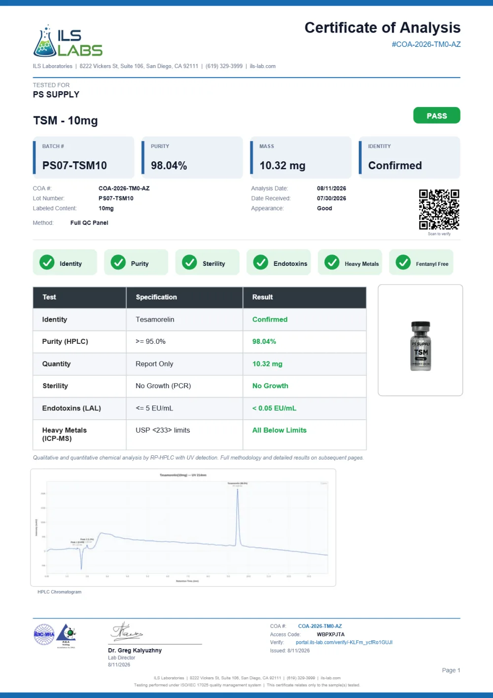 ILS Laboratories certificate preview for Tesamorelin