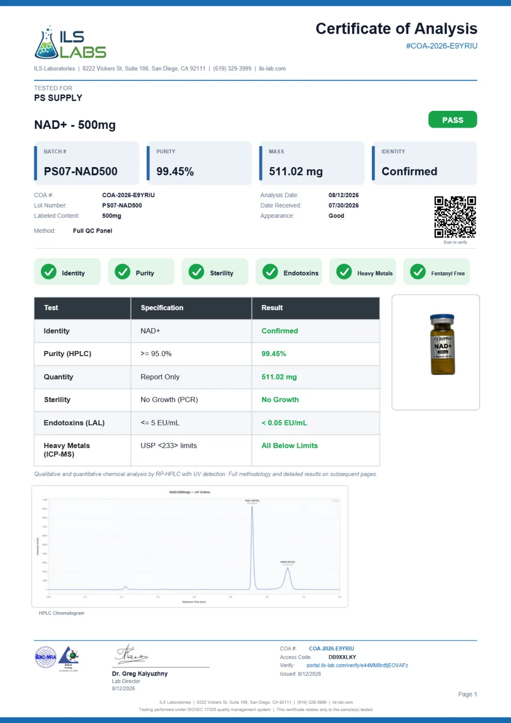 ILS Laboratories certificate preview for NAD+