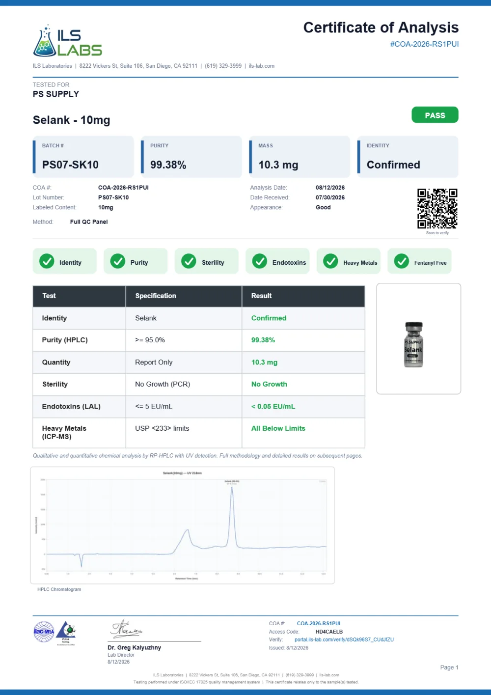 ILS Laboratories certificate preview for Selank