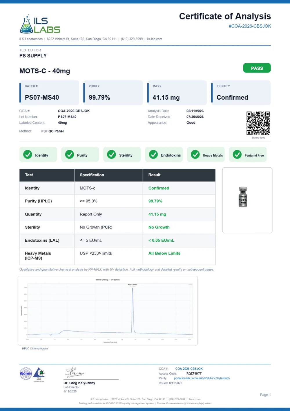 ILS Laboratories certificate preview for MOTS-c
