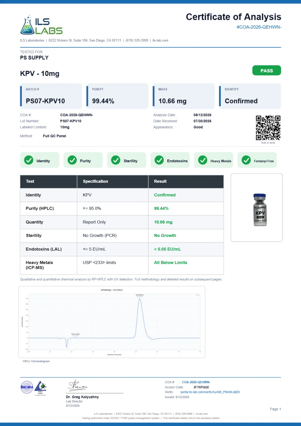 ILS Laboratories certificate preview for KPV