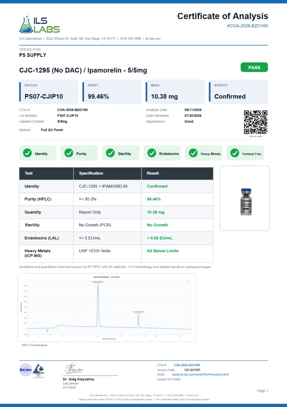 ILS Laboratories certificate preview for CJC-1295 No DAC + Ipamorelin